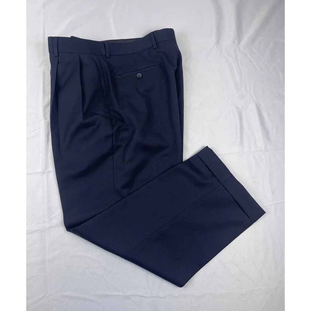 JOSEPH ABBOUD MENS 34 X 27 NAVY BLUE 100% WOOL PLEATED DRESS PANTS TROUSERS